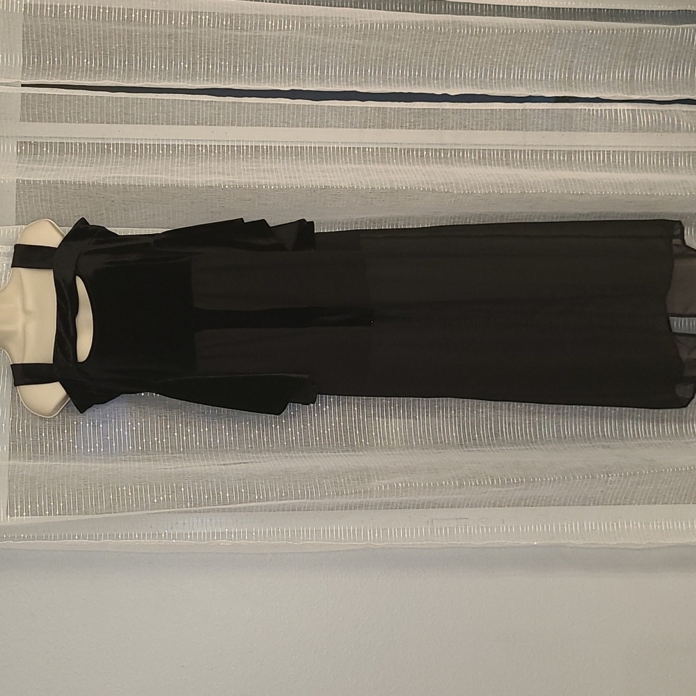 Black Velvet bell sleeve short combo and long sheer dress com.